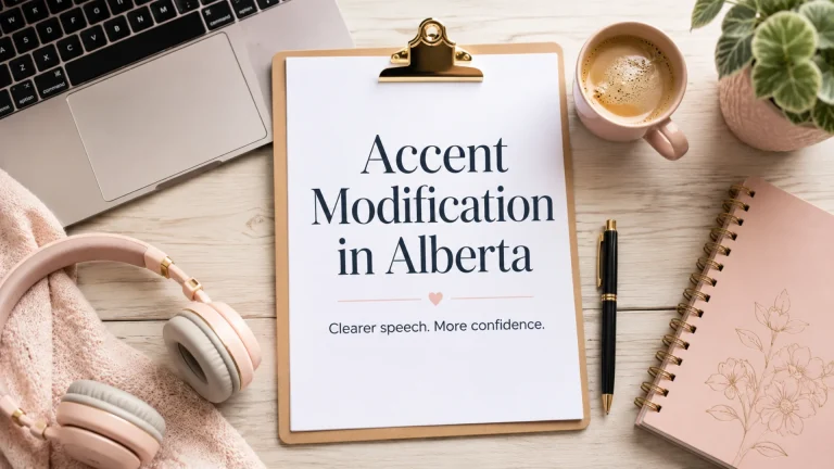 Clipboard on a soft pink desk reads “Accent Modification in Alberta: Clearer speech. More confidence,” with laptop, coffee, headphones, and notebook.