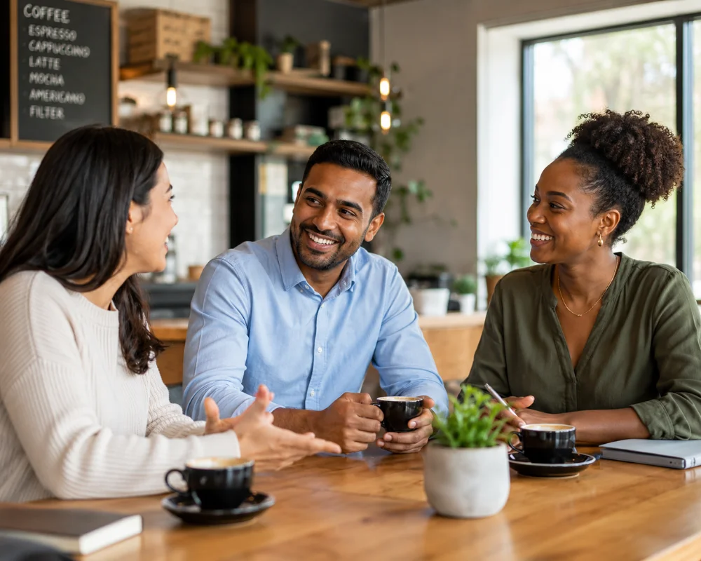 Three adults chat over coffee at a café table, smiling in a relaxed conversation with plants, cups, and a coffee menu in the background.