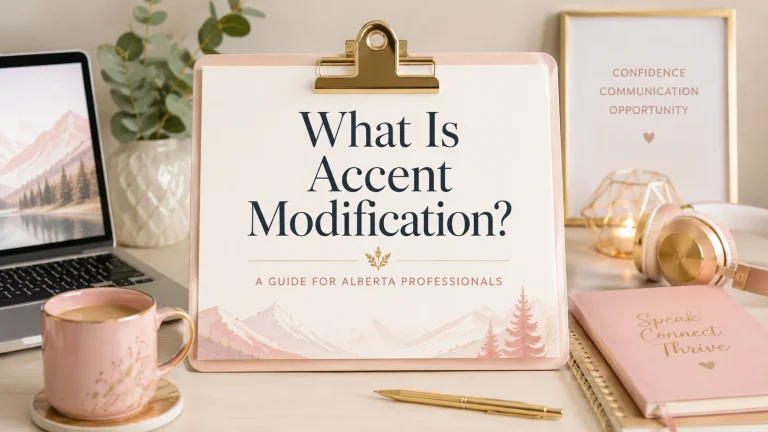 Clipboard on a desk reads “What Is Accent Modification?” for professionals, surrounded by laptop, coffee, headphones, candle, and notebook.