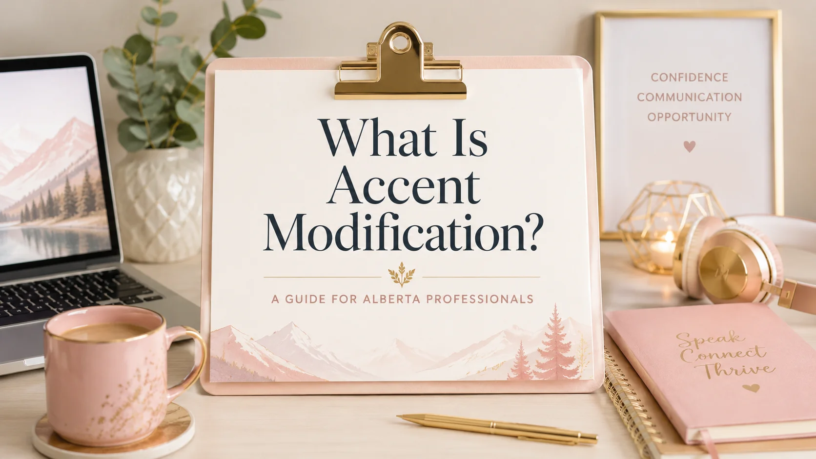 Clipboard on a desk reads “What Is Accent Modification?” for professionals, surrounded by laptop, coffee, headphones, candle, and notebook.