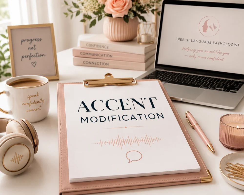Soft pink desk setup for accent modification shows a clipboard, laptop for speech language pathology, headphones, coffee, candle, flowers, and notes.