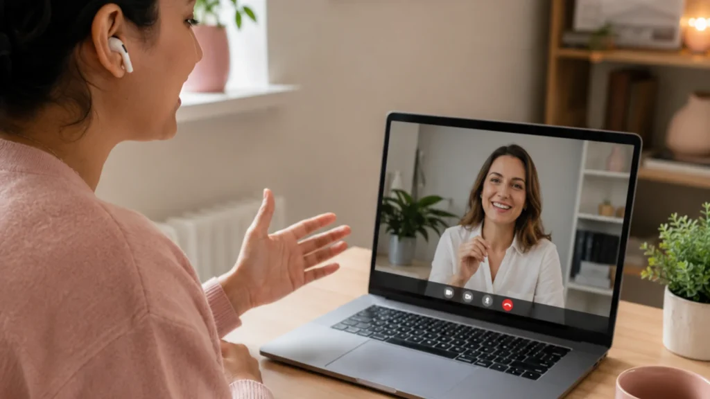 Woman in earbuds gestures during an online accent modification session with a smiling coach on a laptop, at a cozy desk with plants and mug.
