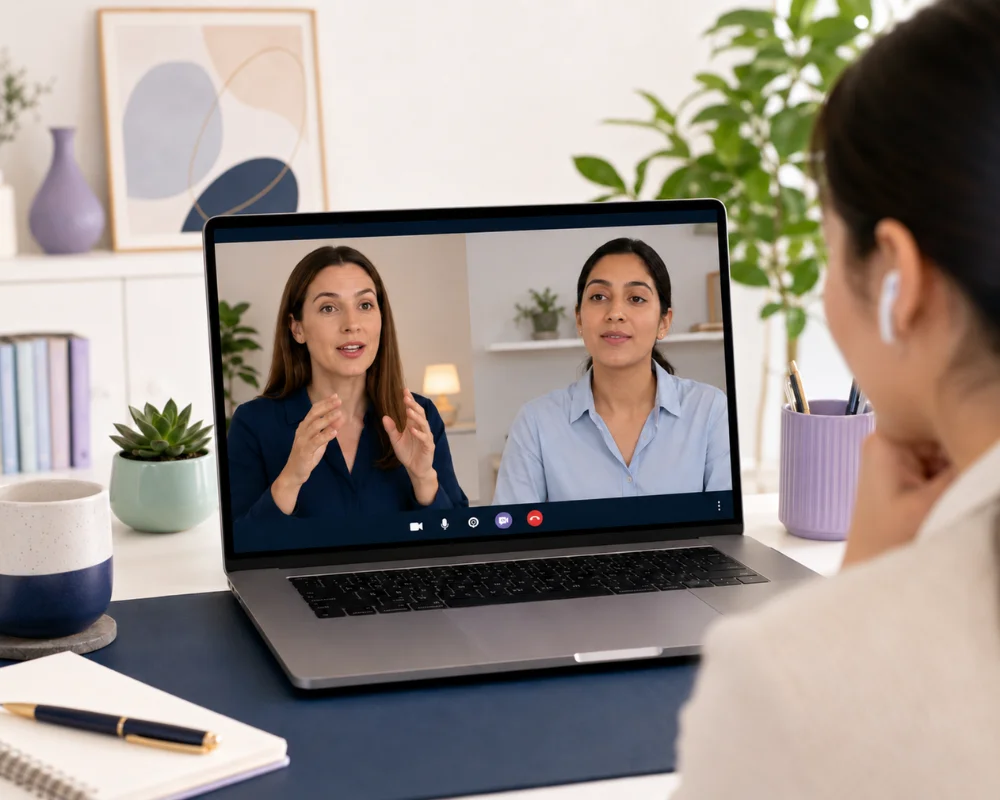 a communication coach working with a client on a laptop