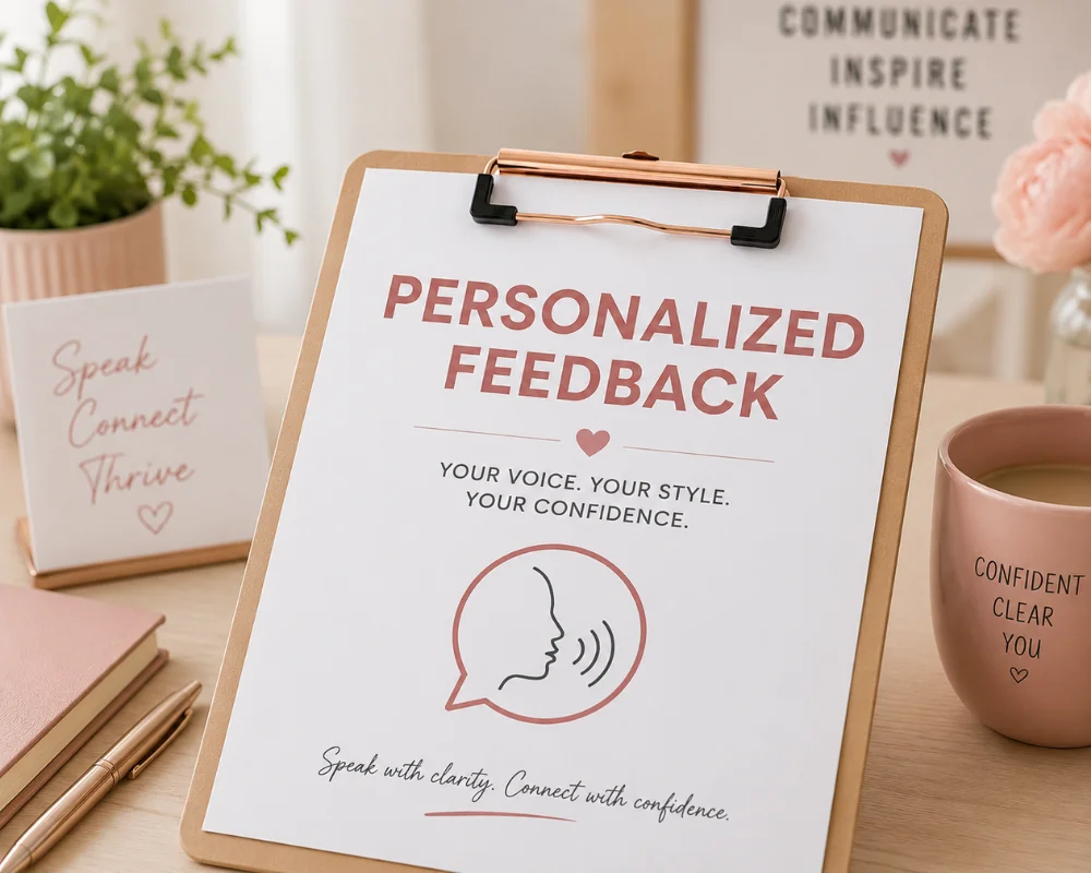 Clipboard reads “Personalized Feedback: Your voice, your style, your confidence,” on a pink desk with a mug, plant, notebooks, and signs.