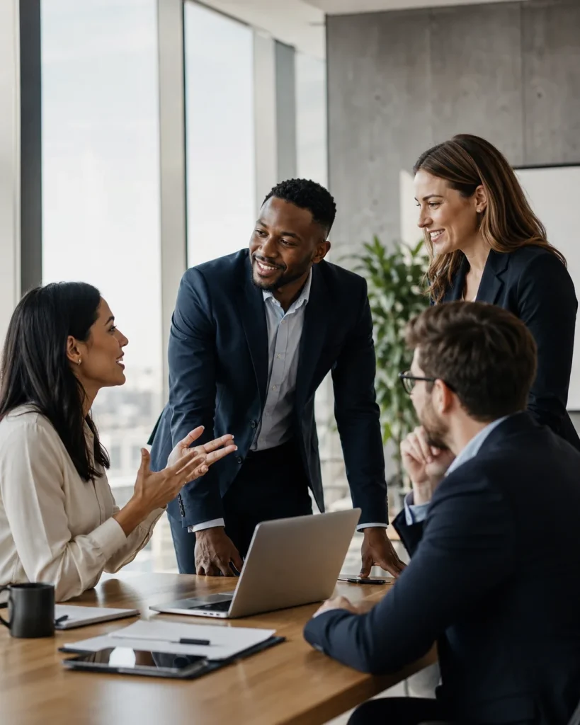 four people speaking in a boardroom