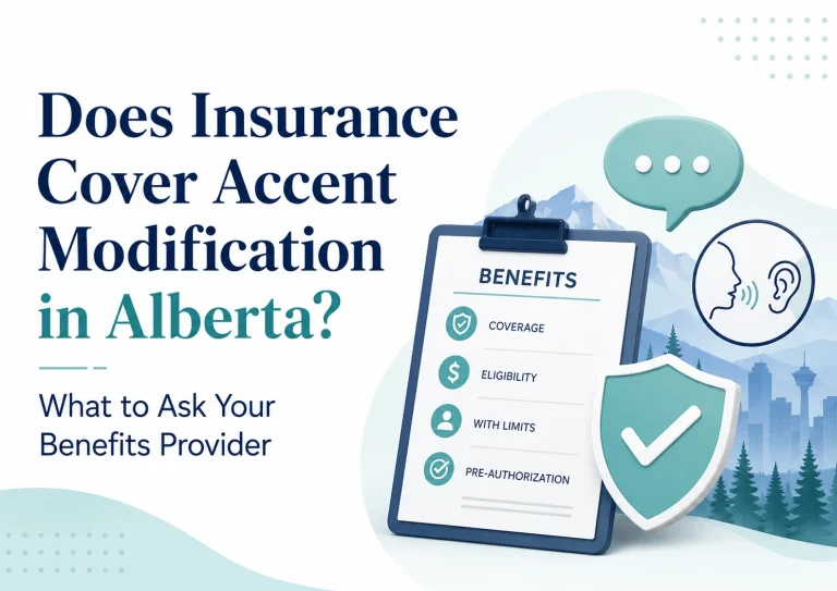 Infographic asks if insurance covers accent modification in Alberta, with benefits checklist for coverage, eligibility, limits, and pre-authorization.