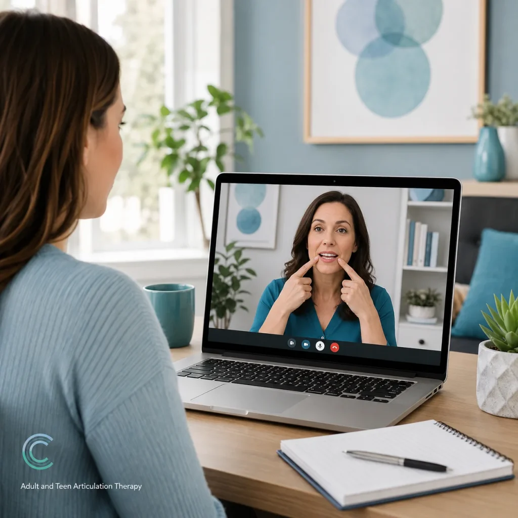 Woman joins an online articulation therapy session on a laptop as therapist points to mouth placement; text: Adult and Teen Articulation Therapy.