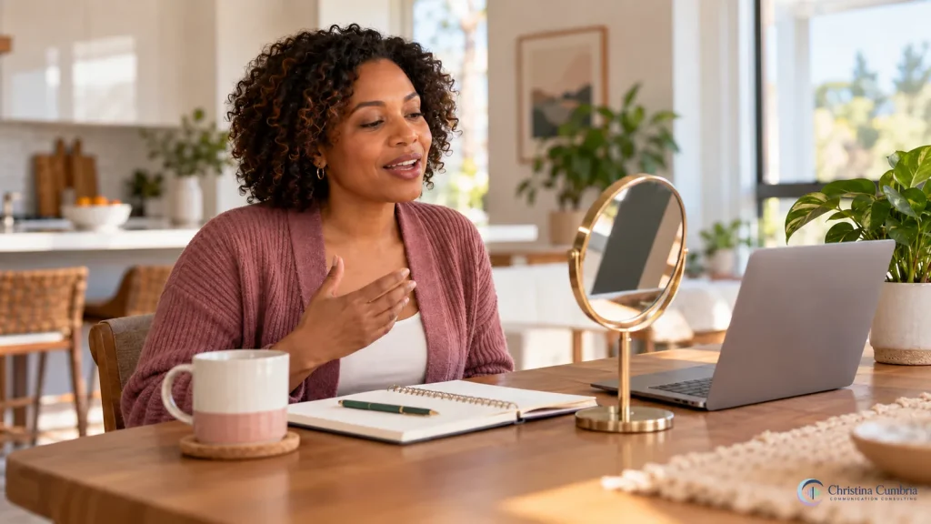Woman practicing speech at home