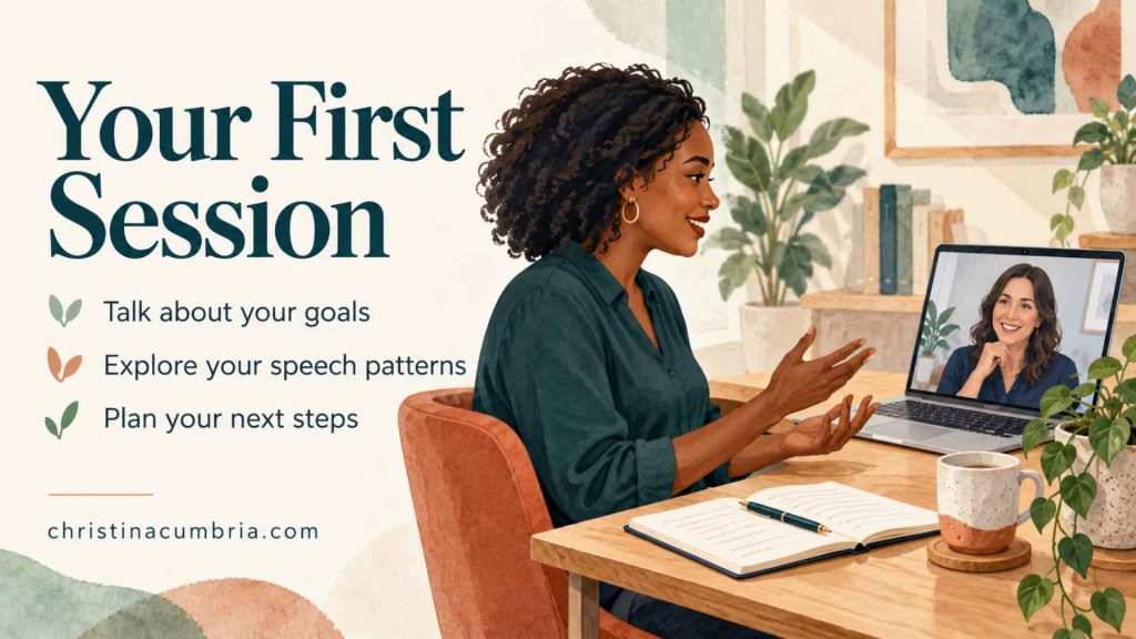 your first accent modification session text with image of a woman attending an online accent reduction session
